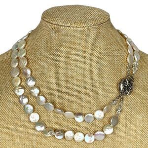 Vtg Sterling Silver Cultured Flat Pearls Double Strand Necklace Swarovski 925